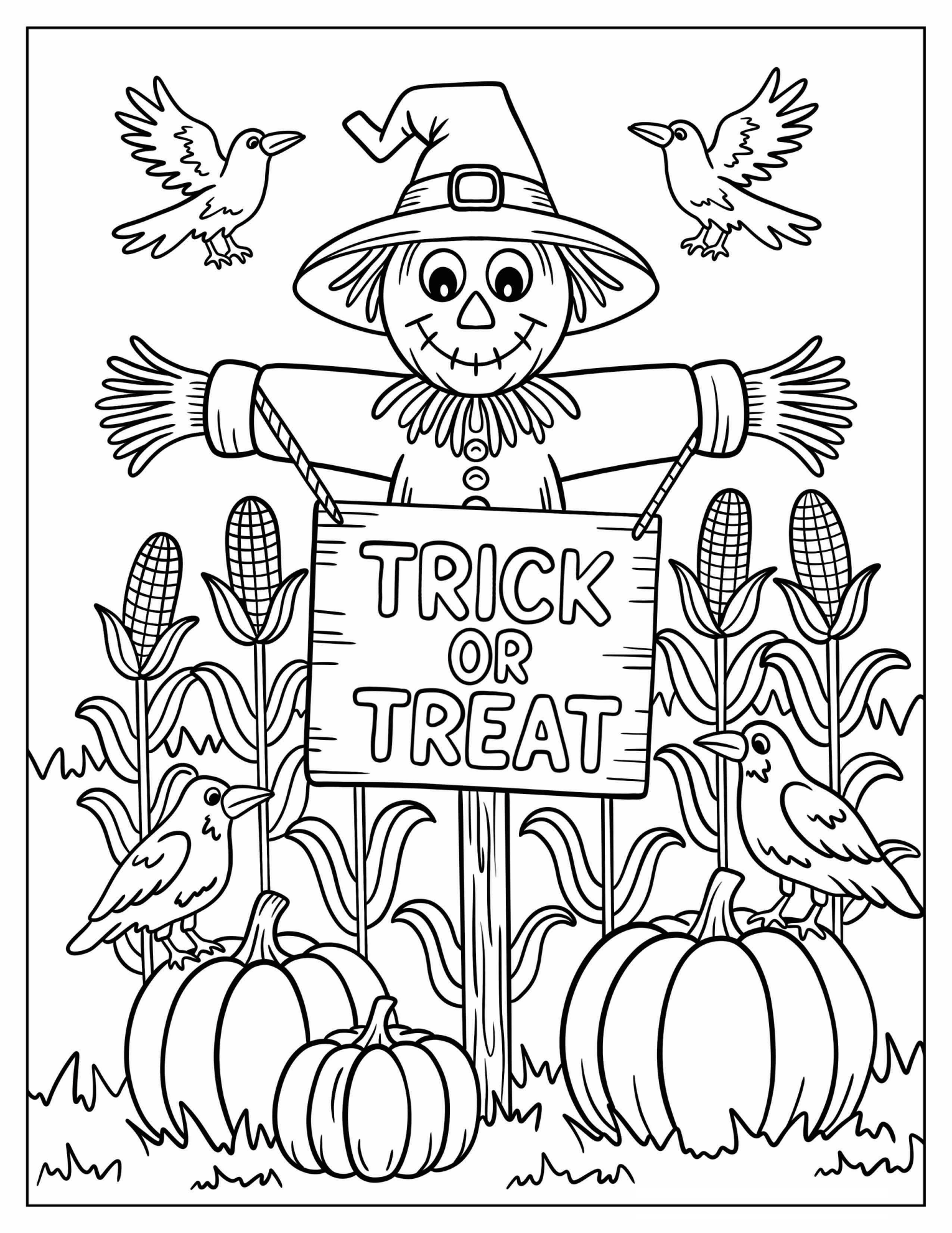 Scarecrow Holding Trick or Treat Sign With Pumpkins and Cornstalks