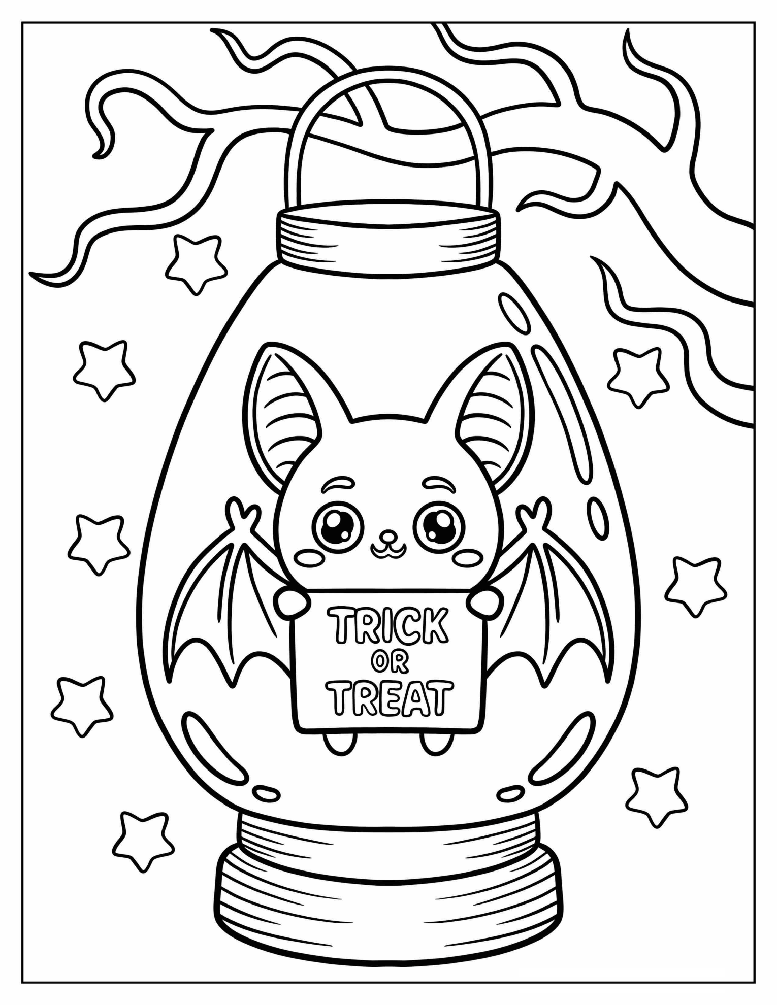 Bat With Trick or Treat Sign in Spooky Lantern Surrounded by Stars Coloring Page