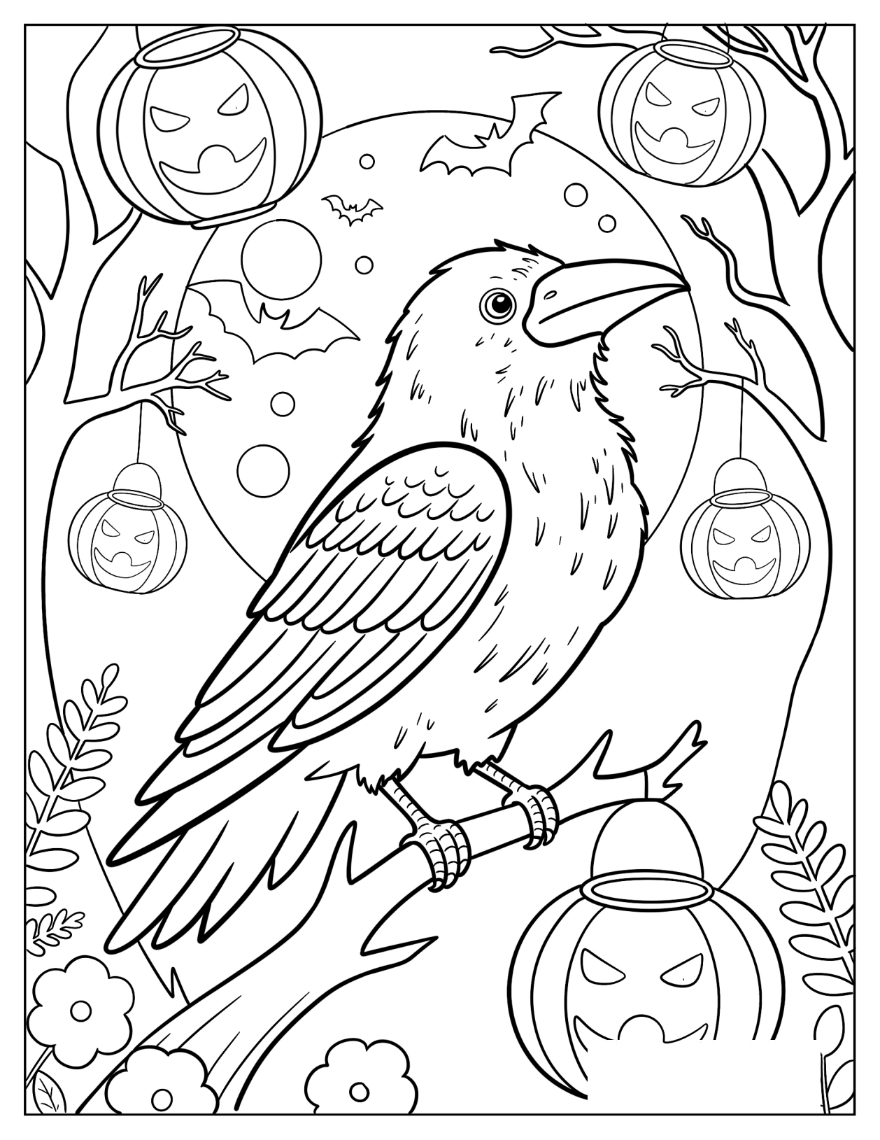 Raven on a Tree Branch Surrounded By Hanging Jack o Lanterns,, Bats, and Flowers Coloring Page