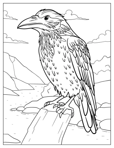 Detailed Raven Perched On A Tree Stump Coloring Page