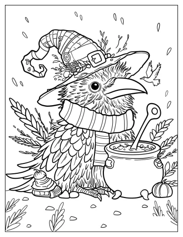 Cute Little Raven In A Witch s Hat With A Magical Cauldron Coloring Page
