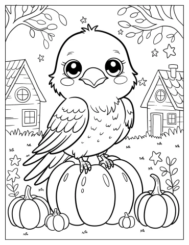 Kawaii Raven Standing on a Pumpkin Coloring Sheet for Preschoolers