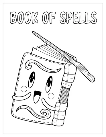 Kawaii Book Of Spells With Wooden Wand Coloring Page For Kids
