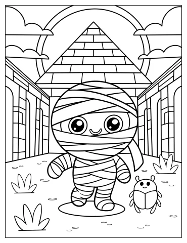 Smiling Mummy Exploring Ancient Pyramid Path Coloring Page for Preschoolers