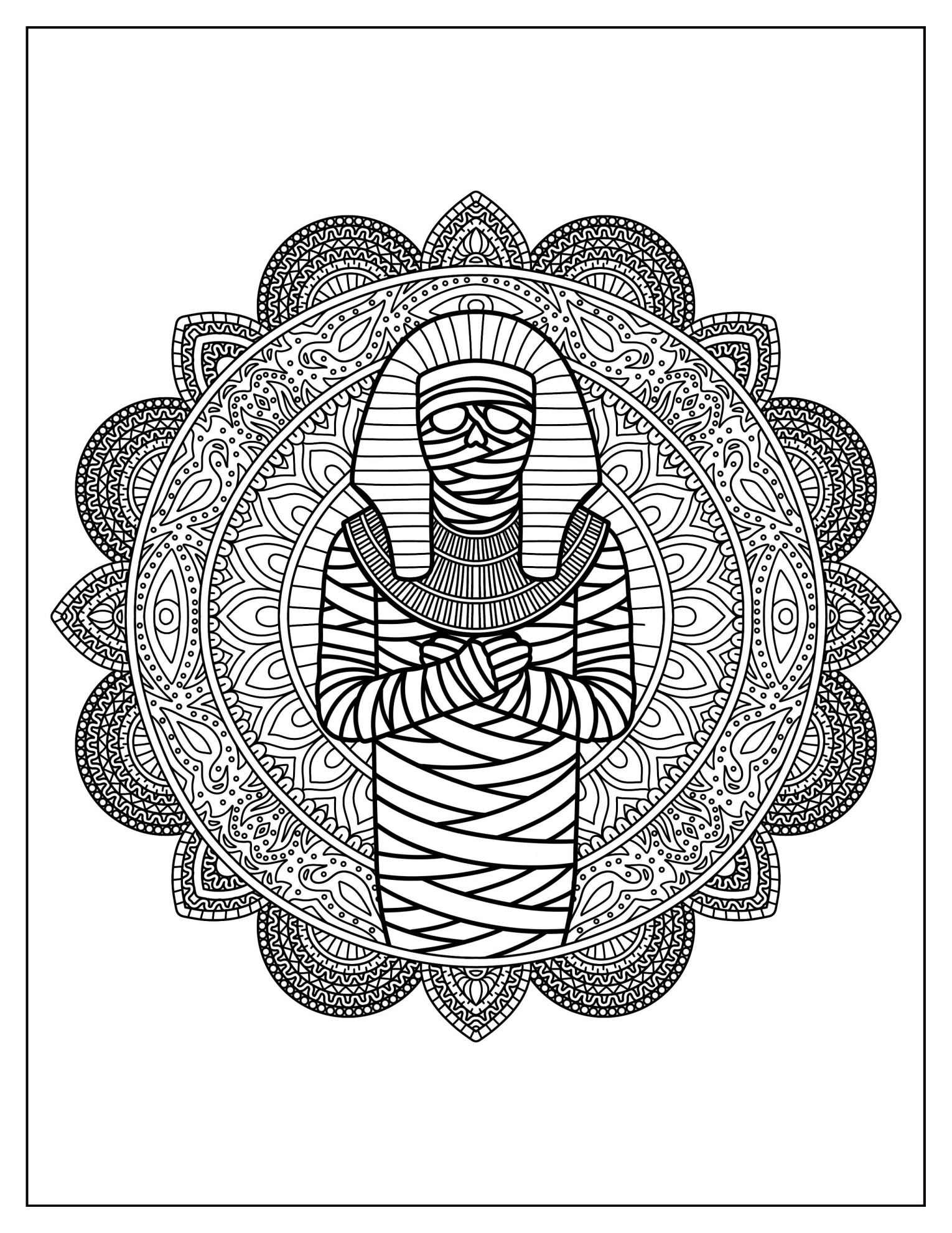 Ornate Egyptian Mummy with Mandala Background Coloring Page