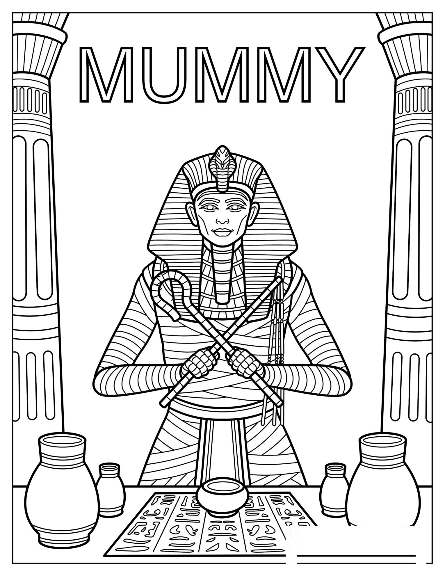 Egyptian Mummy Priest with Crossed Scepters in Temple Chamber Coloring Page