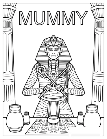 Egyptian Mummy Priest with Crossed Scepters in Temple Chamber Coloring Page