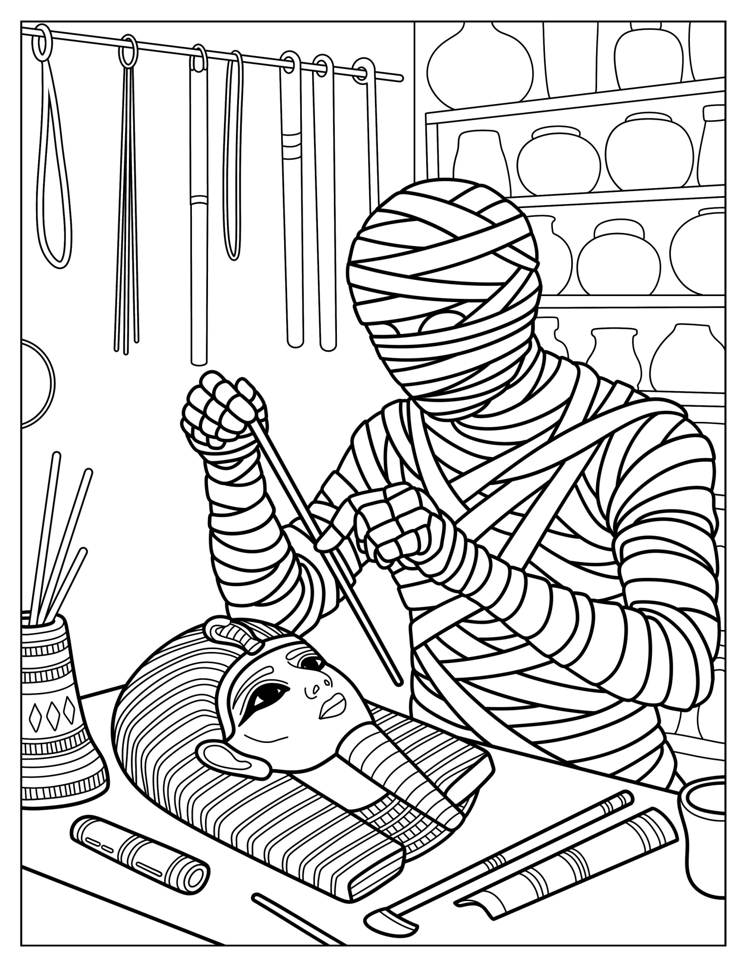 Bandaged Mummy Crafting a Pharaoh’s Death Mask in Artisan Room