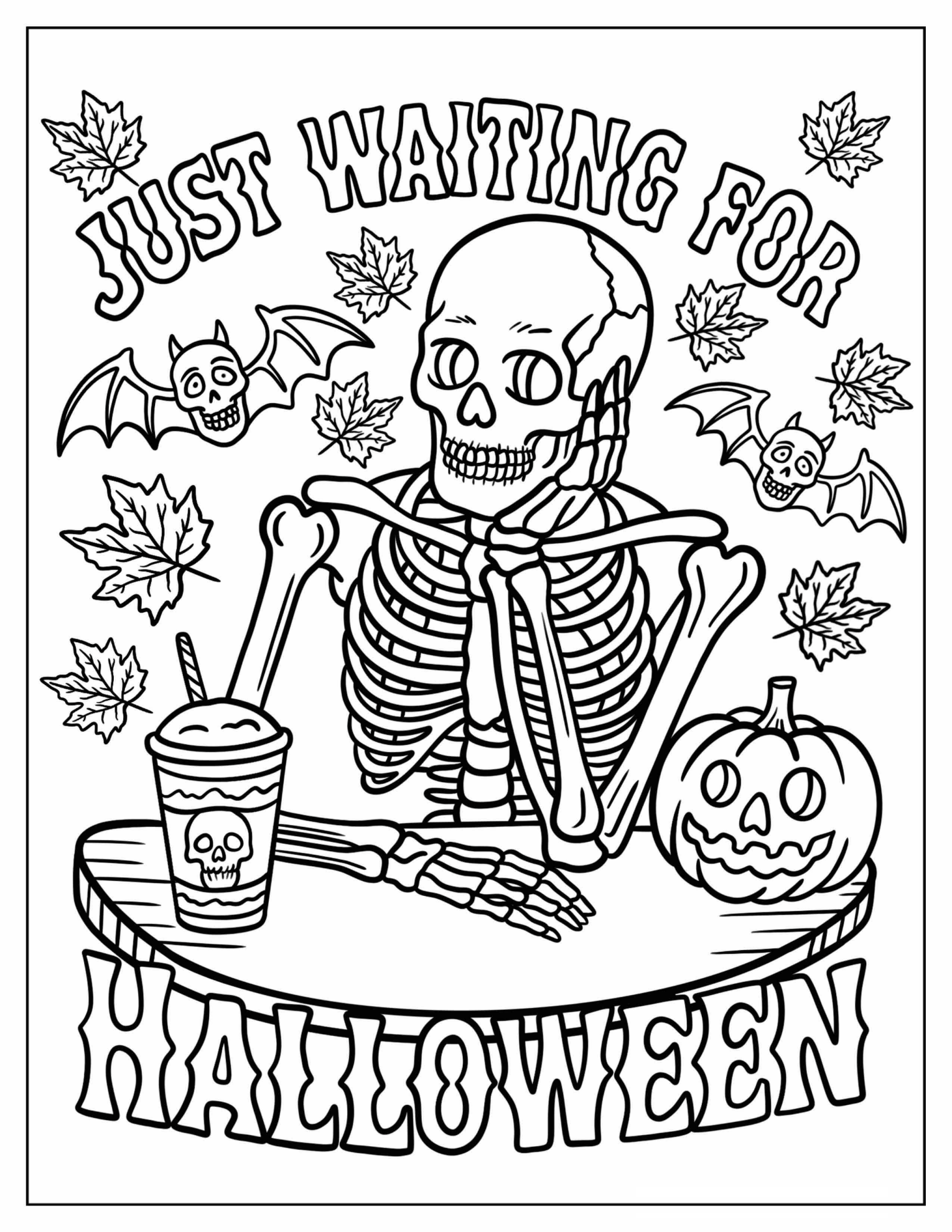 Skeleton Sitting at Table with Pumpkin and Drink Waiting for Halloween Coloring Page