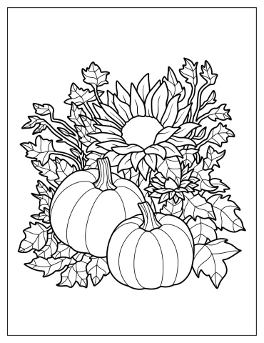 Two Large Pumpkins With Sunflower And Leaves