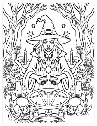 Witch Casting a Spell Over a Pentagram with Skulls and Candles Halloween Coloring Page for Adults