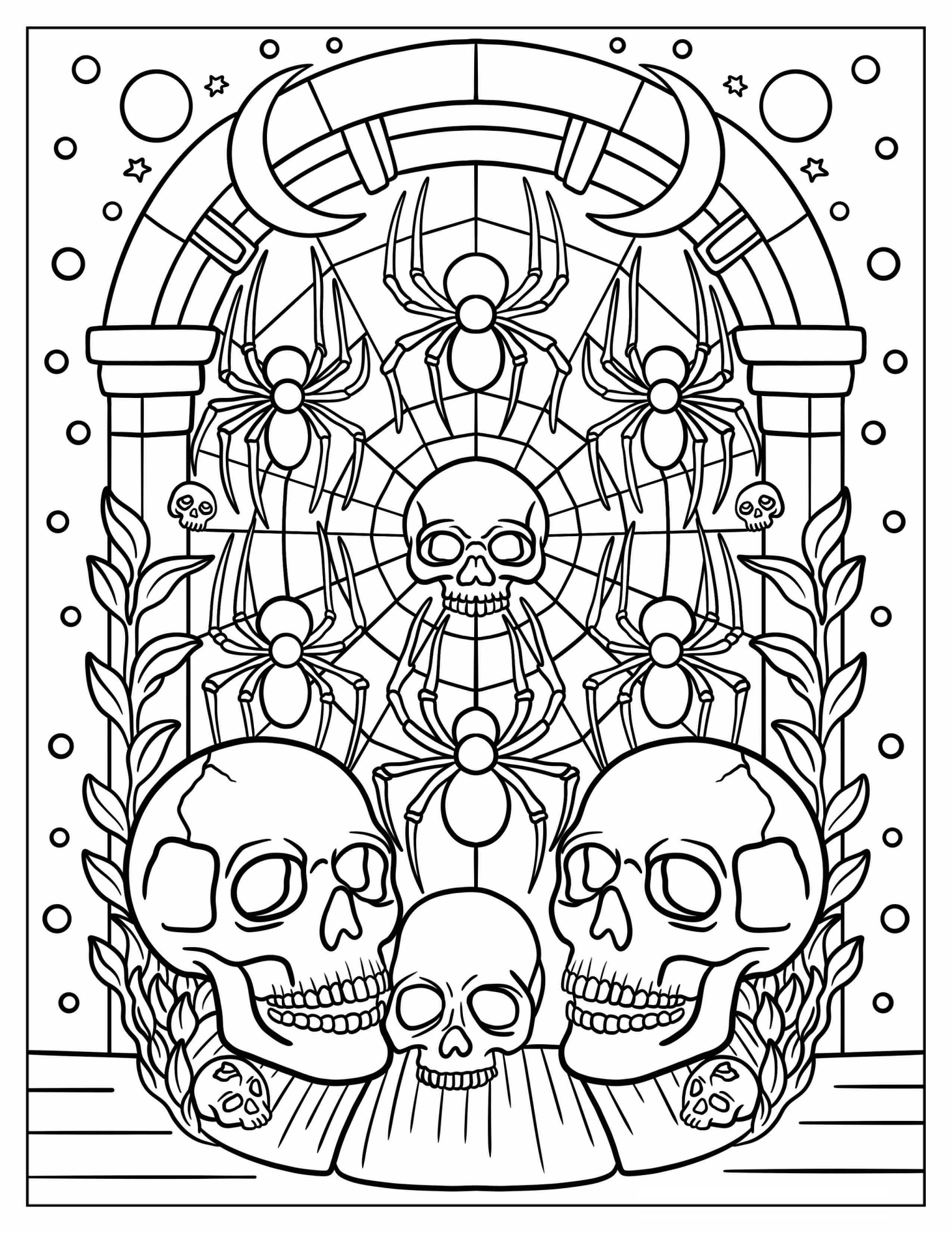 Skull and Spider Web Design with Creepy Hanging Spiders Coloring Page