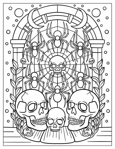 Skull and Spider Web Design with Creepy Hanging Spiders Coloring Page