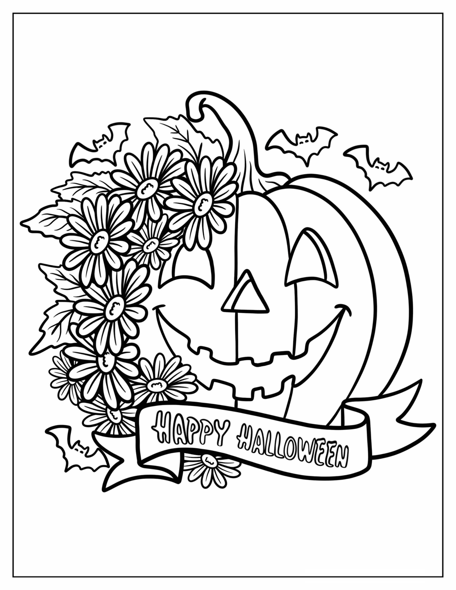 Pumpkin Surrounded by Daisies with Happy Halloween Banner