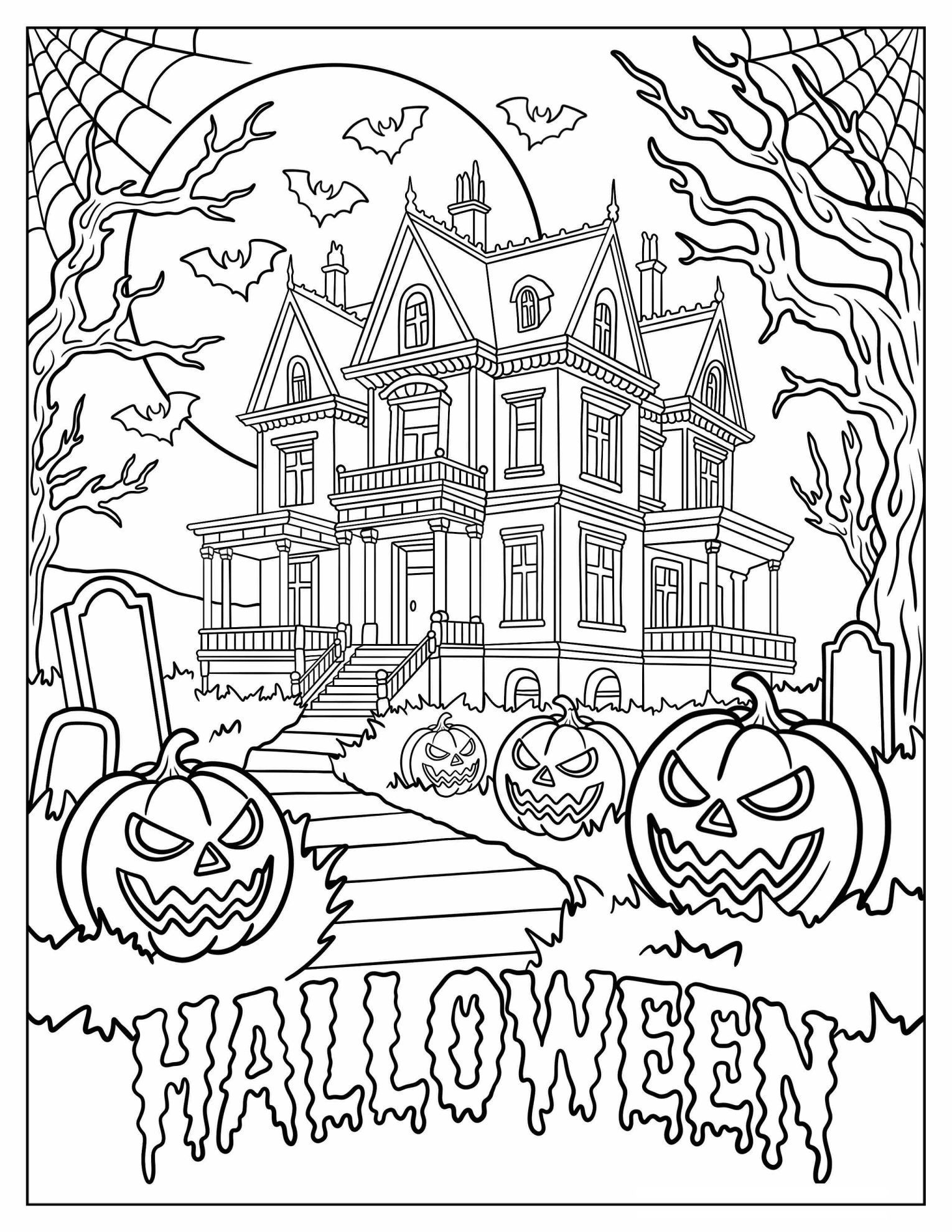Haunted Mansion with Glowing Jack o’ Lanterns Halloween Coloring Page for Adults