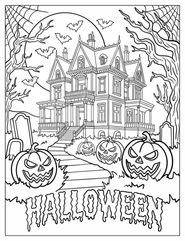 Haunted Mansion with Glowing Jack o’ Lanterns Halloween Coloring Page for Adults