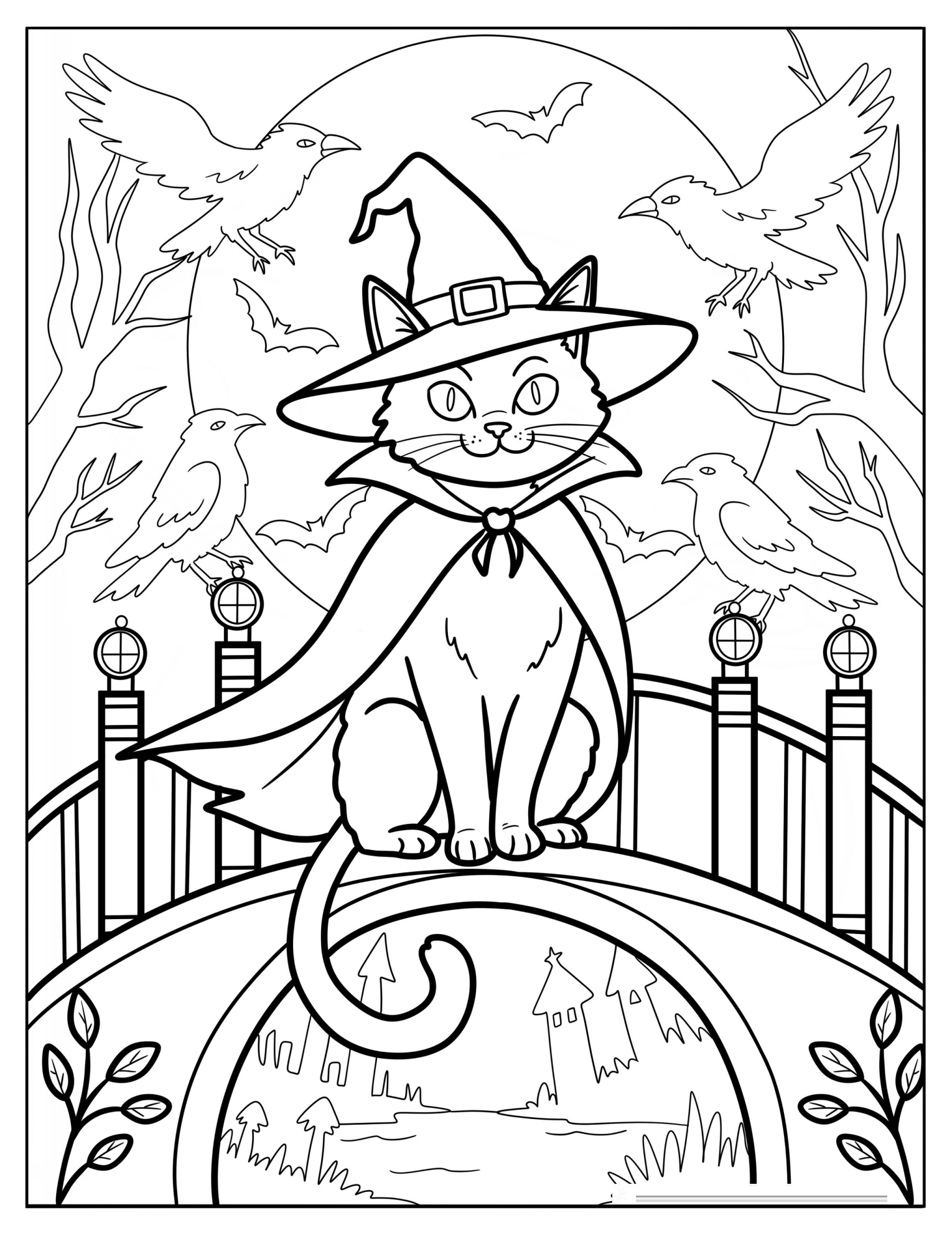 Elegant Halloween Cat Sitting on a Bridge with Crows Coloring Page