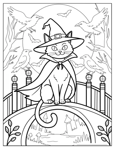 Elegant Halloween Cat Sitting on a Bridge with Crows Coloring Page