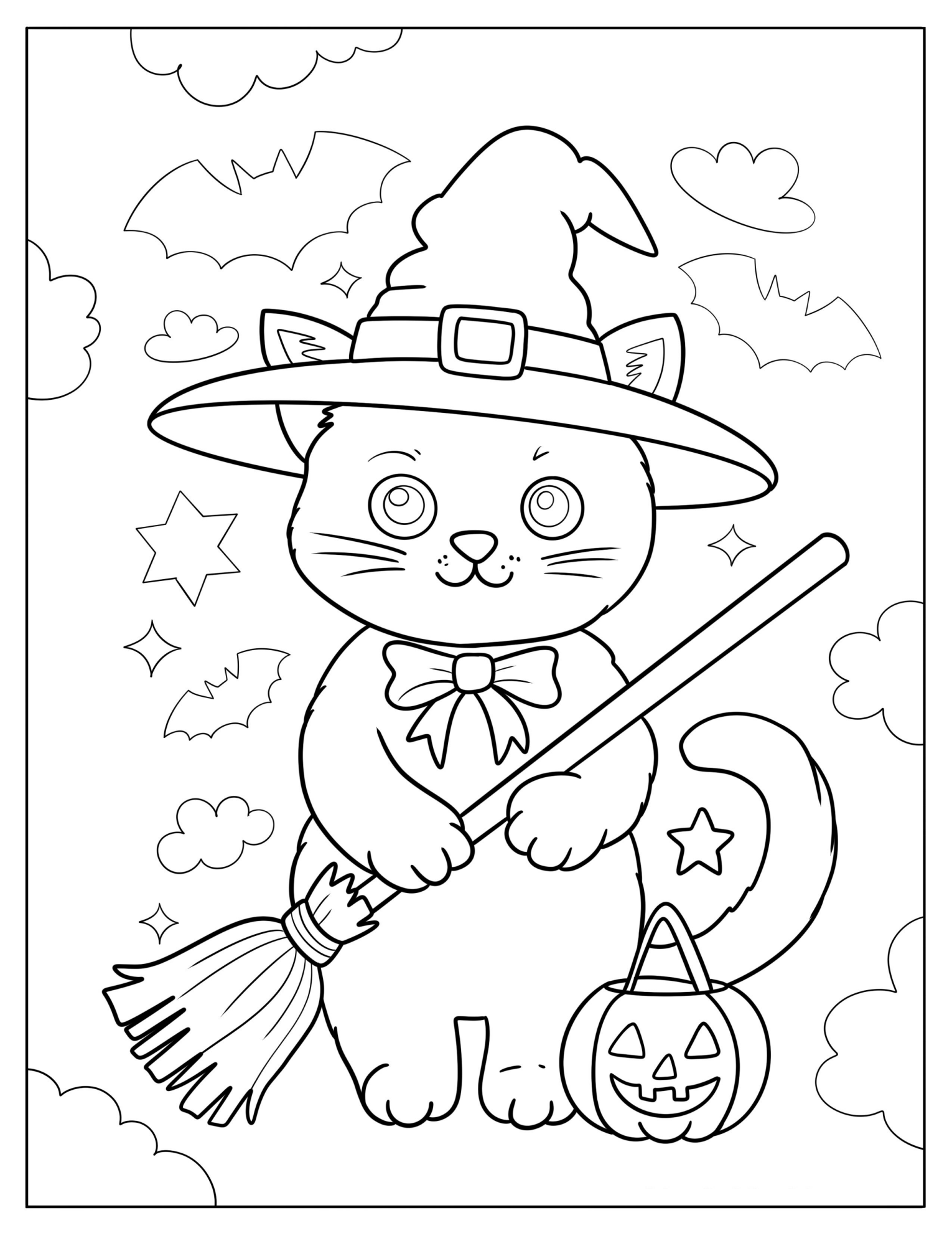 Cute Halloween Cat in Witch Hat Holding a Broom in the Sky Coloring Sheet for Preschoolers