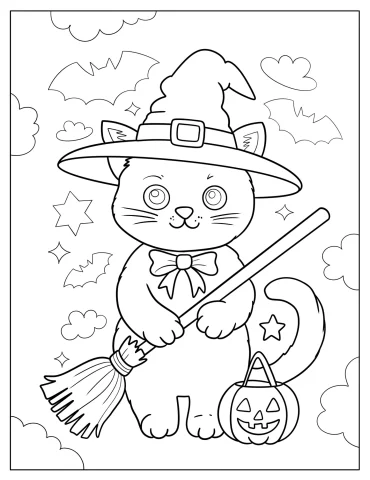 Cute Halloween Cat in Witch Hat Holding a Broom in the Sky Coloring Sheet for Preschoolers