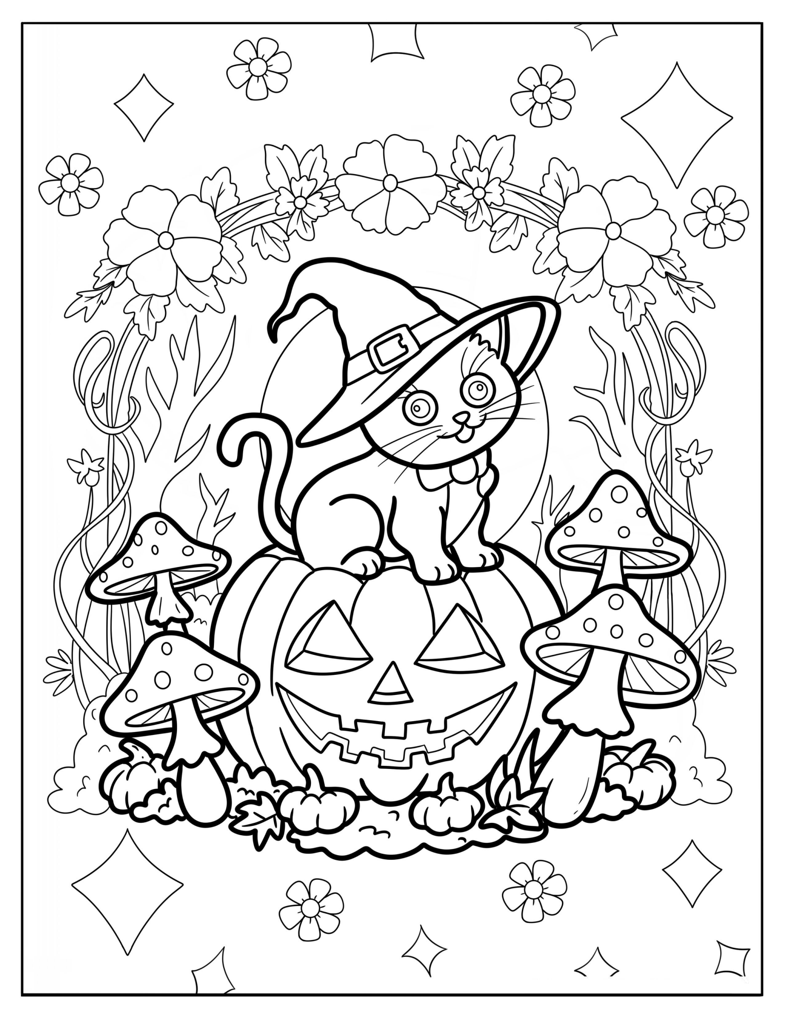 Halloween Cat in Witch Hat Sitting on a Jack o Lantern in Mushroom Forest