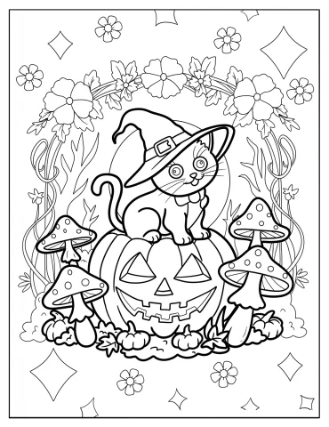 Halloween Cat in Witch Hat Sitting on a Jack o Lantern in Mushroom Forest