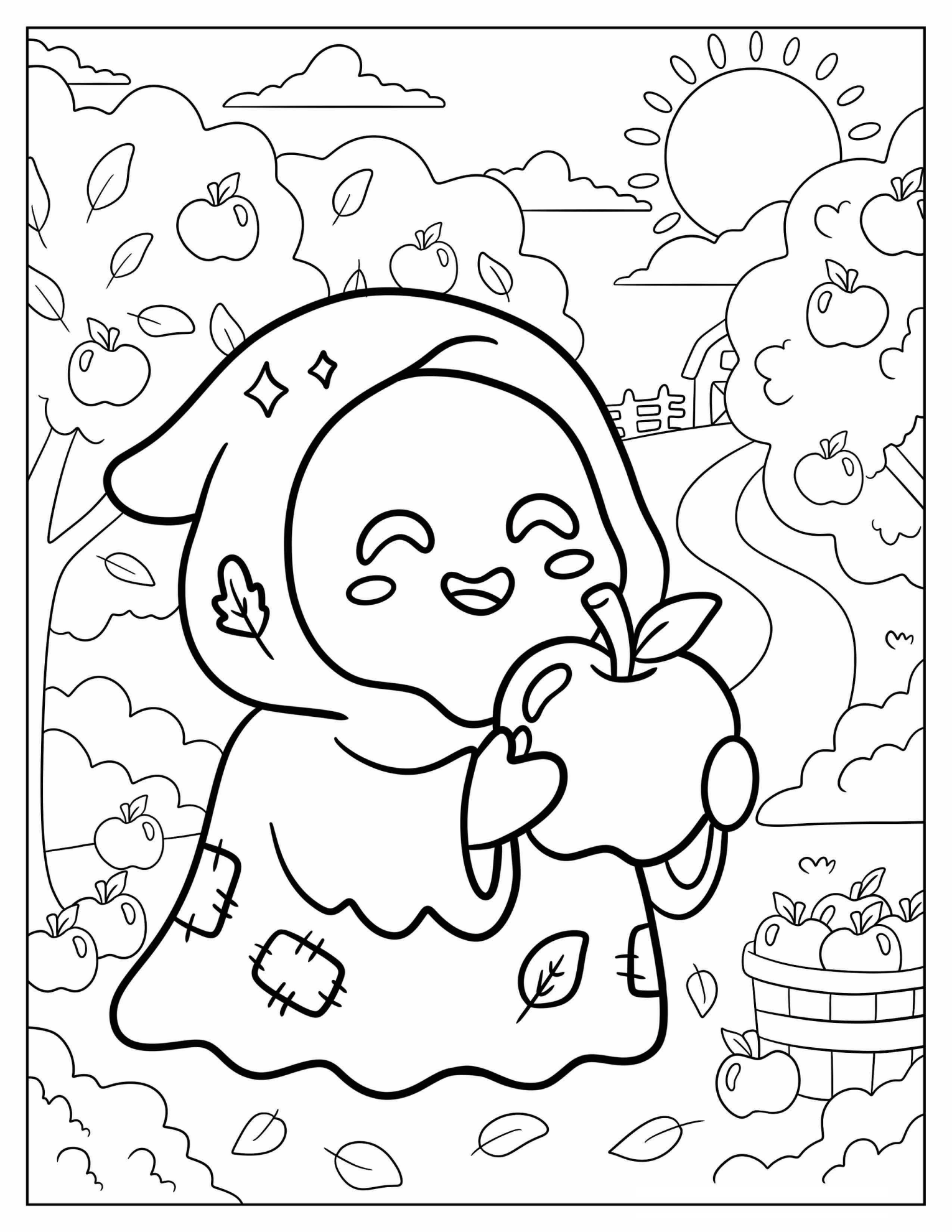Happy Ghost Face Holding an Apple Coloring Page for Preschoolers