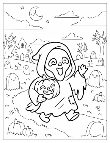 Ghost Face Carrying a Pumpkin Down a Driveway Coloring Sheet for Kids