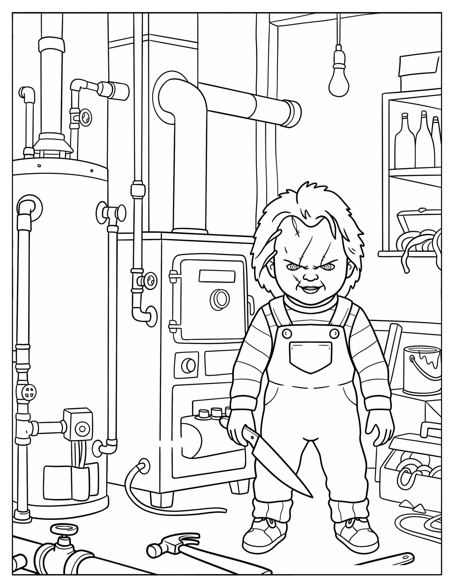 Killer Chucky in a Basement Coloring Sheet