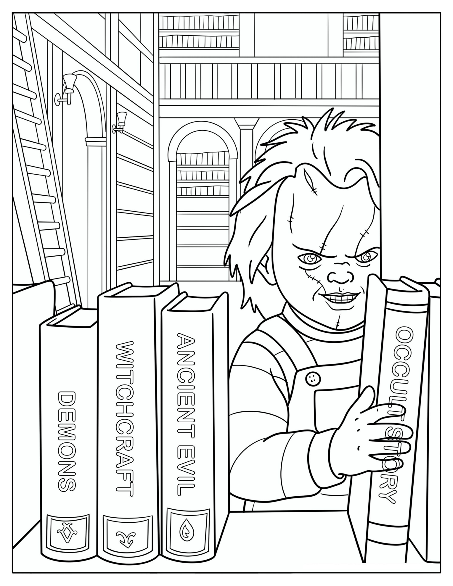 Scary Chucky in a Library Coloring Page
