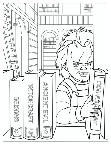 Scary Chucky in a Library Coloring Page