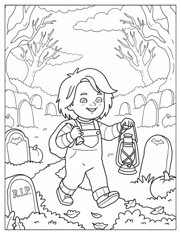 Chucky Holding a Lantern in a Cemetery