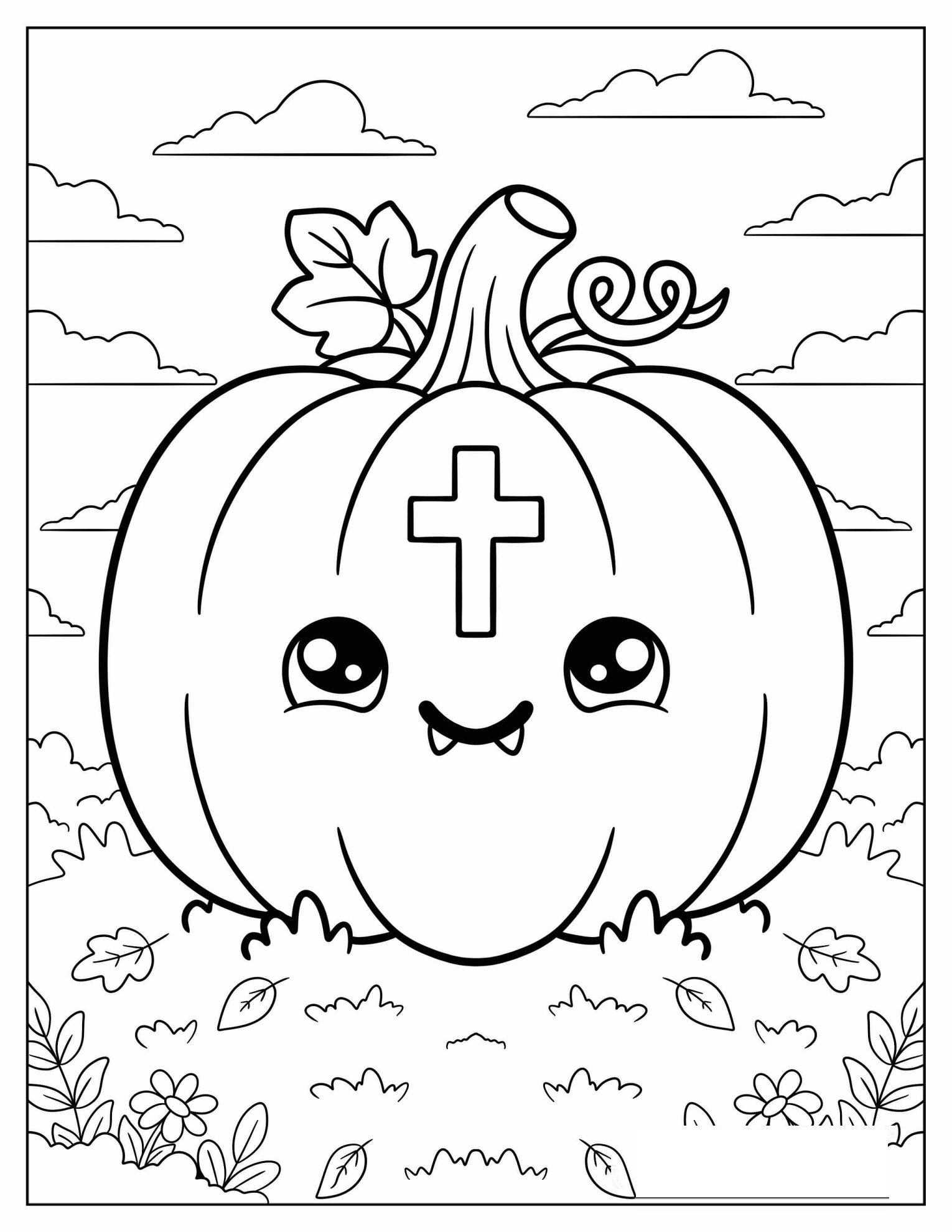 Vampire Pumpkin with a Cross for Christian Halloween Coloring Page for Kids
