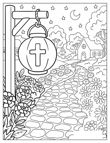 Halloween Lantern with Cross on the Driveway Coloring Page