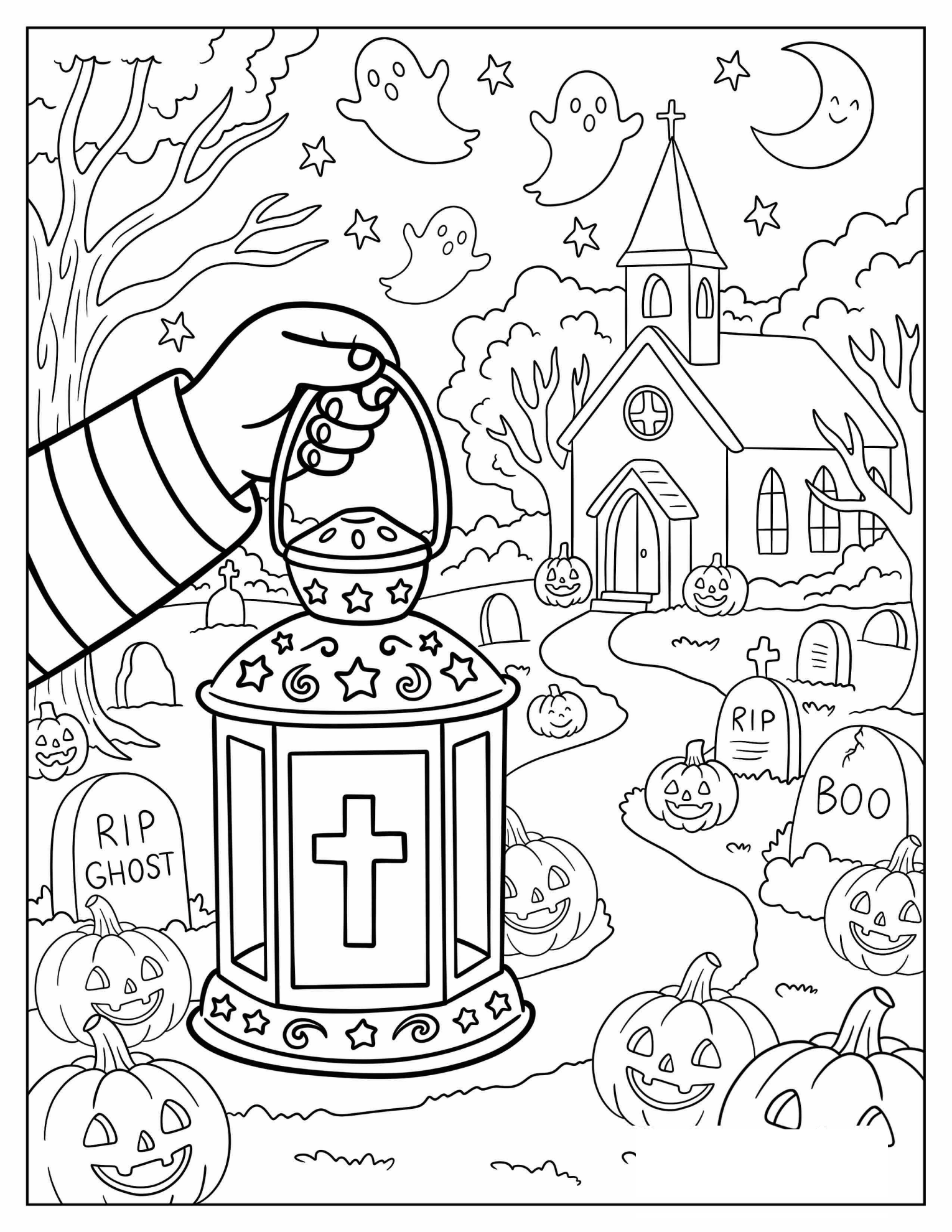 Christian Halloween Night with Lantern in a Cemetery Coloring Page