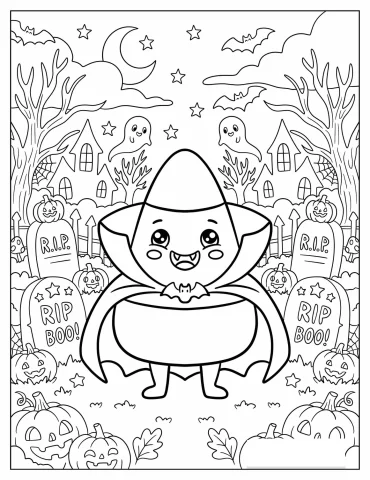 Candy Corn Vampire in the Cemetery Coloring Page