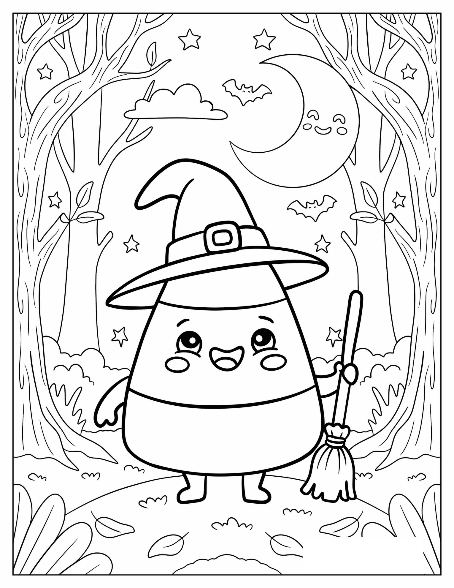 Witch Candy Corn in the Forest Coloring Sheet