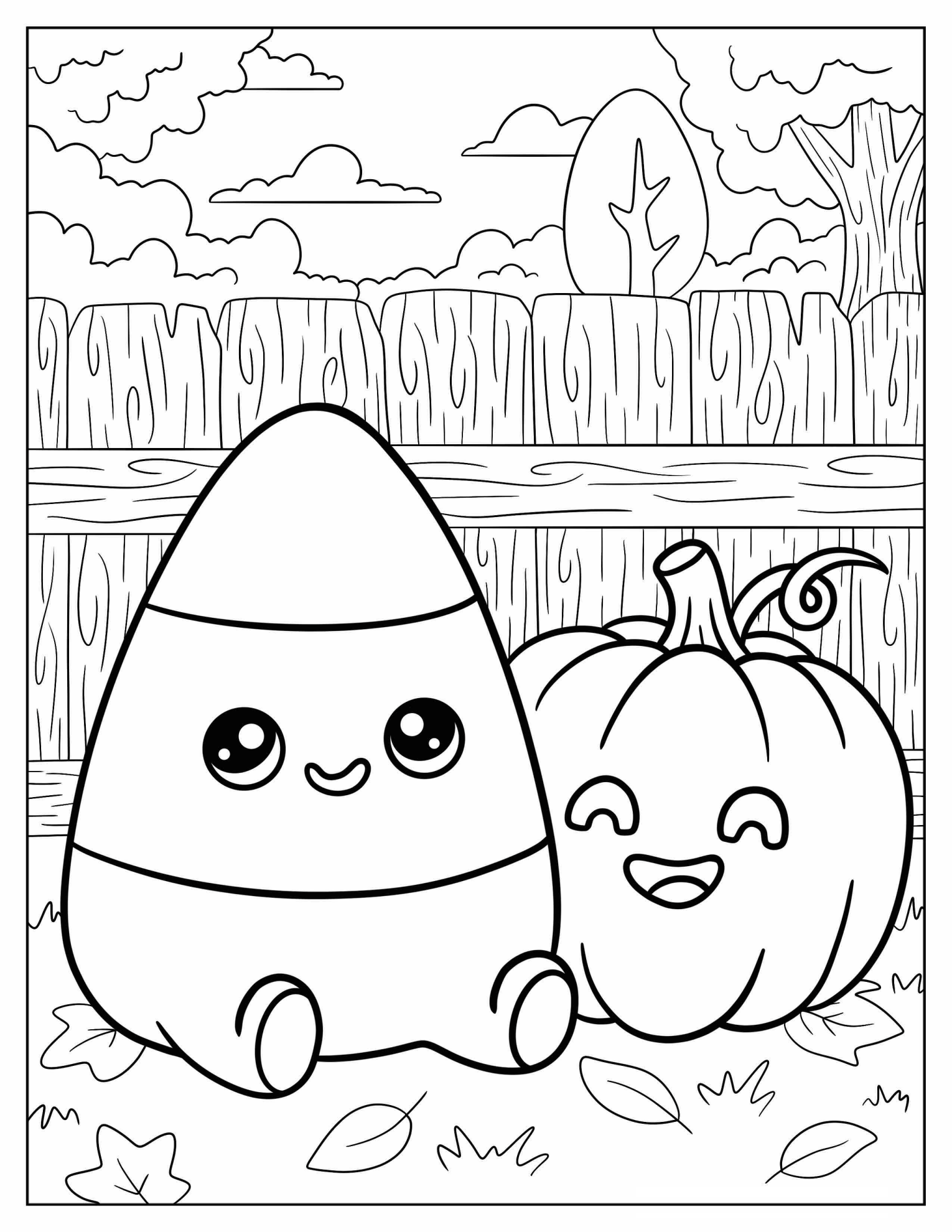 Chibi Candy Corn Next to a Pumpkin Coloring Sheet