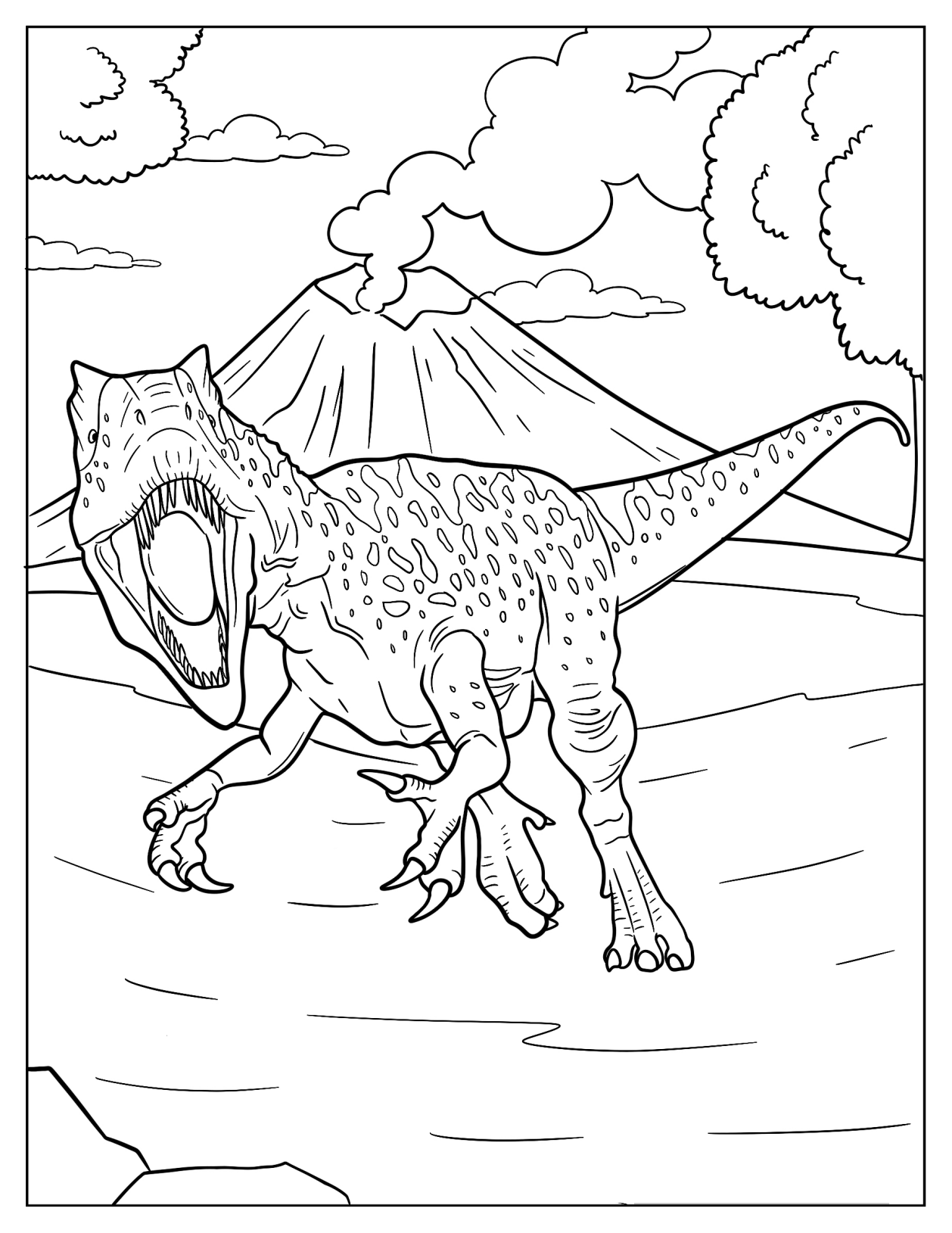 Allosaurus Running In Front Of A Volcano