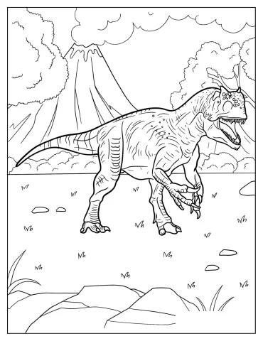 Allosaurus With Textured Skin In Front Of A Volcano Coloring Sheet