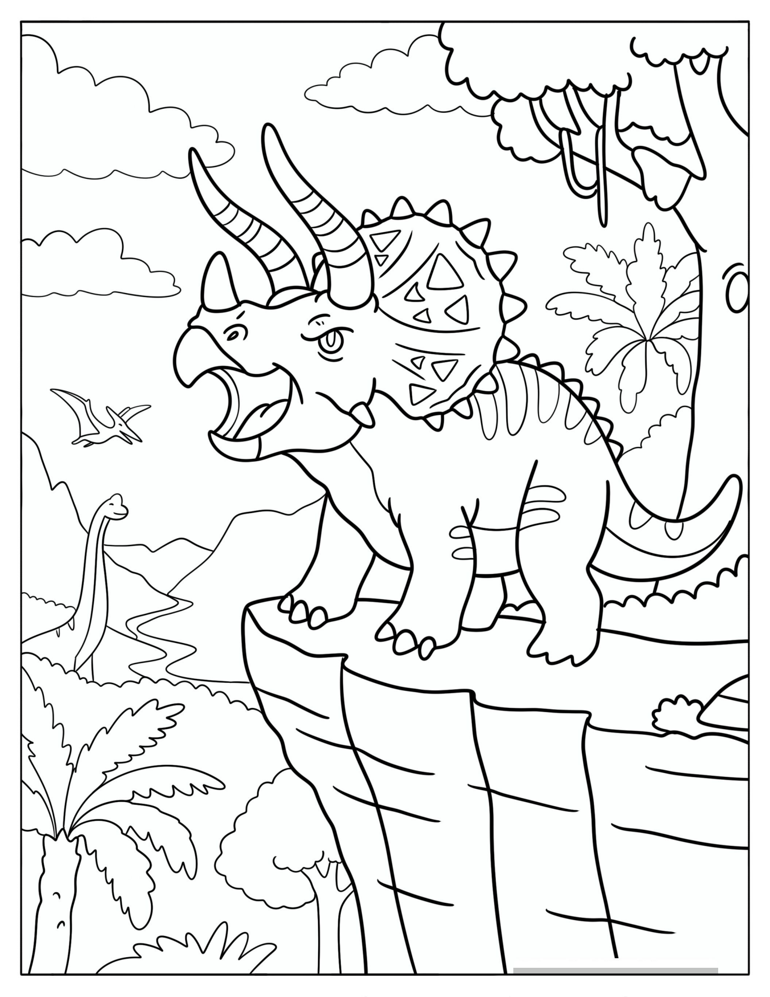 Armored Triceratops Roaring from a Rocky Cliff Coloring Page