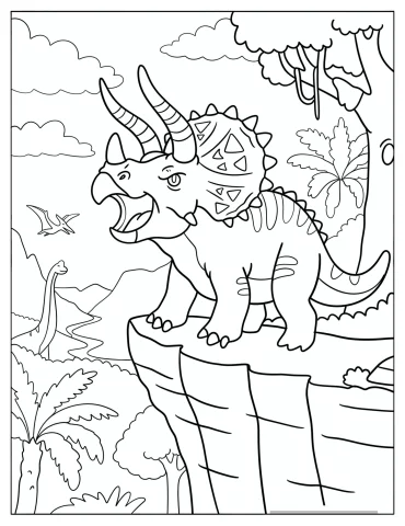 Armored Triceratops Roaring from a Rocky Cliff Coloring Page