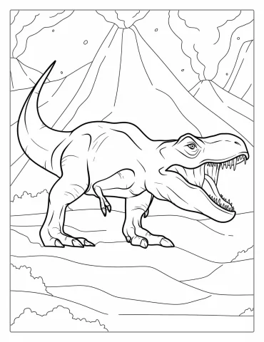 Roaring T-Rex With Volcano Erupting To Color