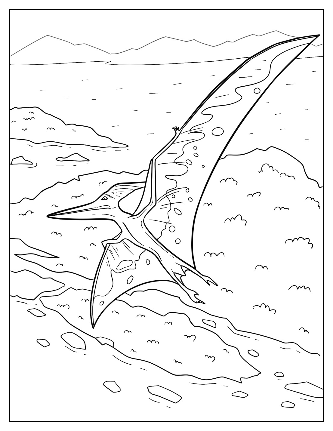 Detailed Pterodactyl Flying Over Island Coloring Sheet