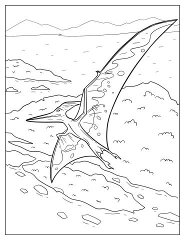 Detailed Pterodactyl Flying Over Island Coloring Sheet