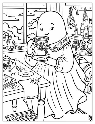 Ghost in a Pretty Dress Drinking Tea Coloring Page