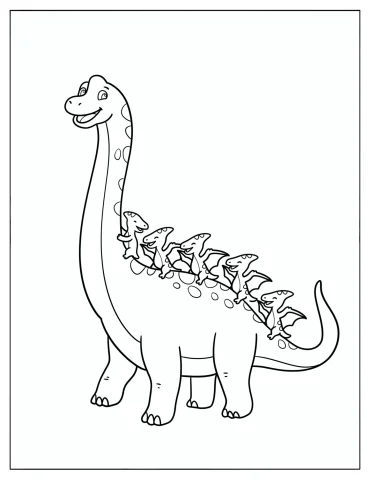 Brachiosaurus Carrying Baby Dinosaurs on Its Back Coloring Sheet