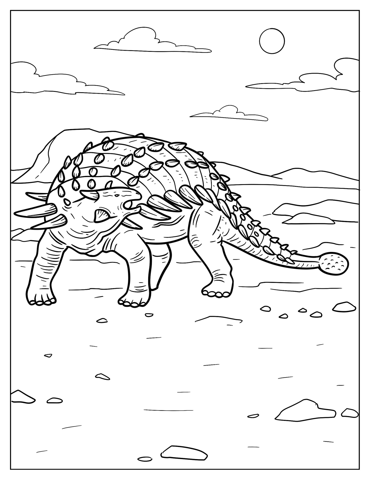 Ankylosaurus Walking On A Rocky Terrain Coloring Page