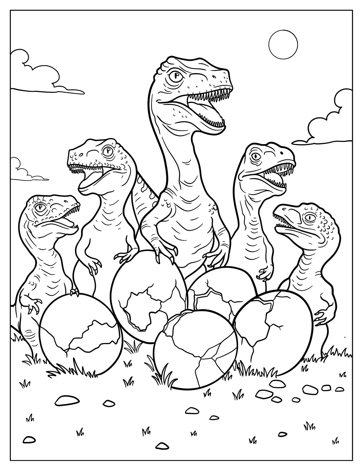 Baby Raptor Around Cracked Dinosaur Eggs Coloring Sheet