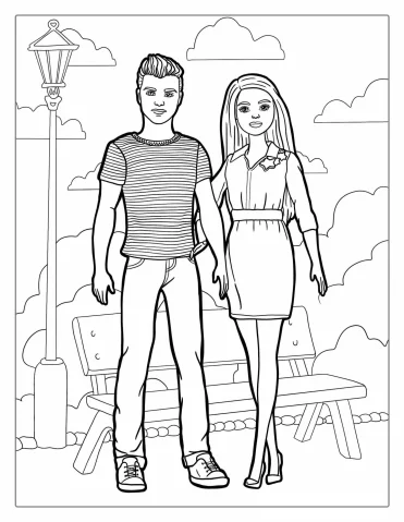 Barbie And Ken Walking In Park To Color